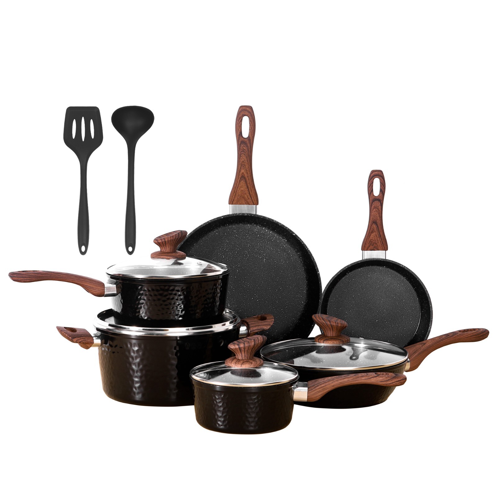 12 Pieces Induction Pots and Pans Set Nonstick Granite Stone Coated Cookware Set