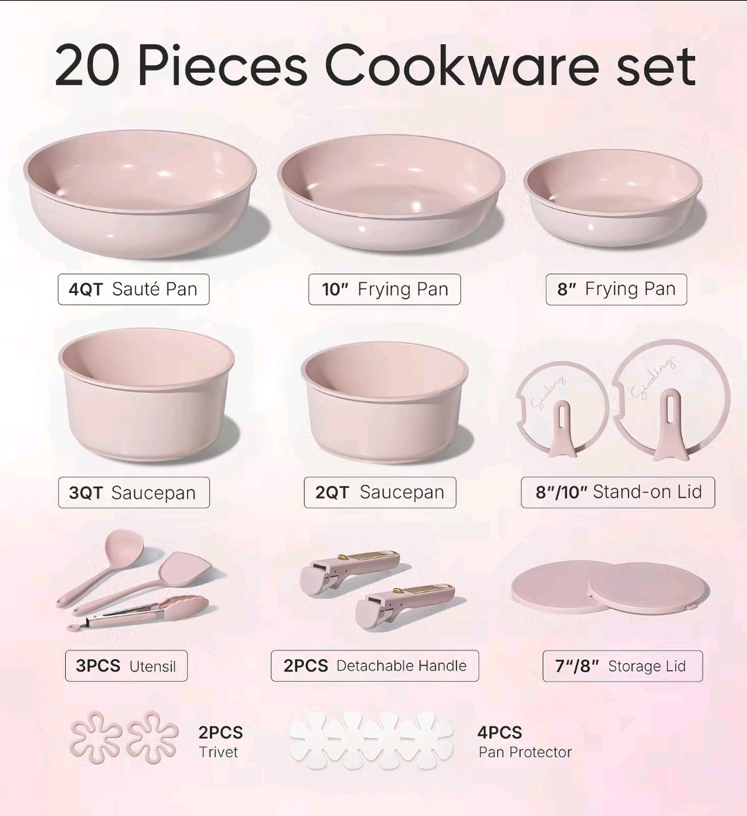 Carote 20-Piece Pink Ceramic Nonstick Cookware Set Saute Frying Saucepan