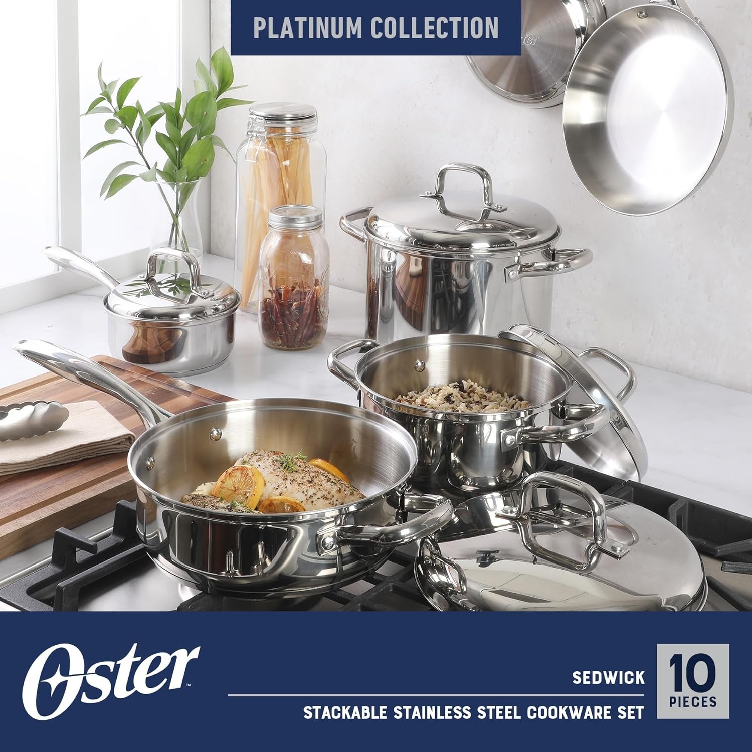 Oster Platinum Sedwick Stackable Stainless Steel Pots & Pans Cookware Set