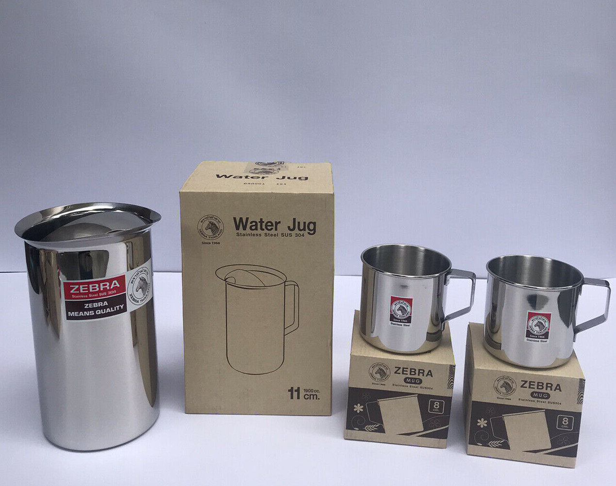 Thai Zebra Brand Water Jug Pouring Mouth Silver Stainless Steel 11cm with 2 Mugs