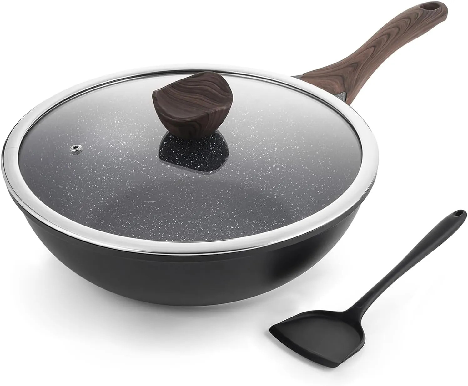 12 Inch Nonstick Wok With Lid Granite Stone Coating Induction Kitchen Cookware