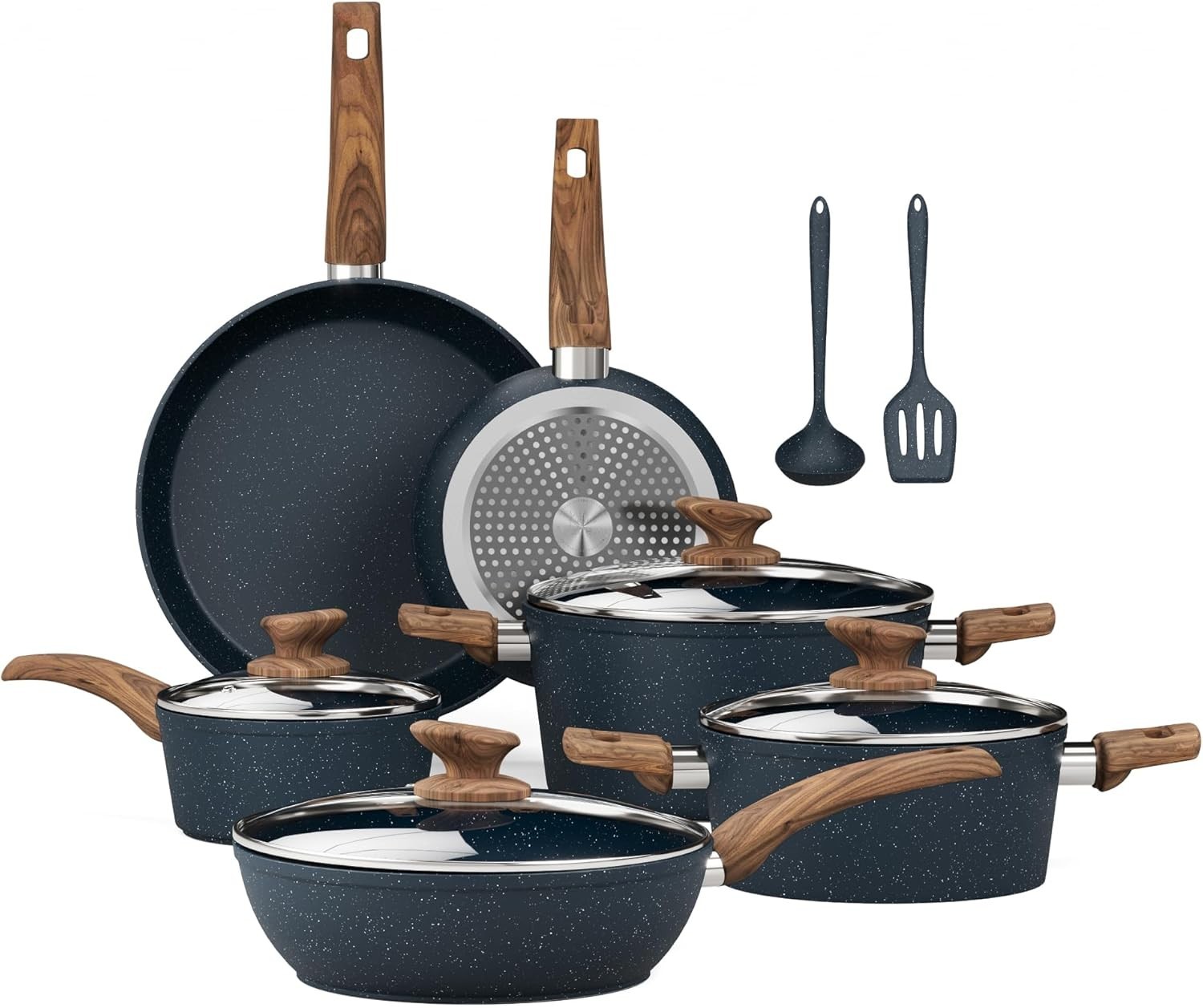Ultra-Durable Nonstick Blue Granite Cookware Set – 12 Pieces for Healthy Cooking
