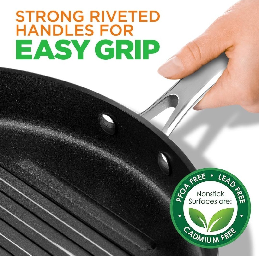 NutriChef 12in Hard-Anodized Nonstick Grill Pan Dishwasher Safe PFOA Free – NEW