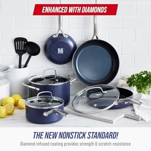 Blue Diamond 10 Piece Nonstick Cookware Set, Diamond Ceramic Pots & Pans, Dishwa