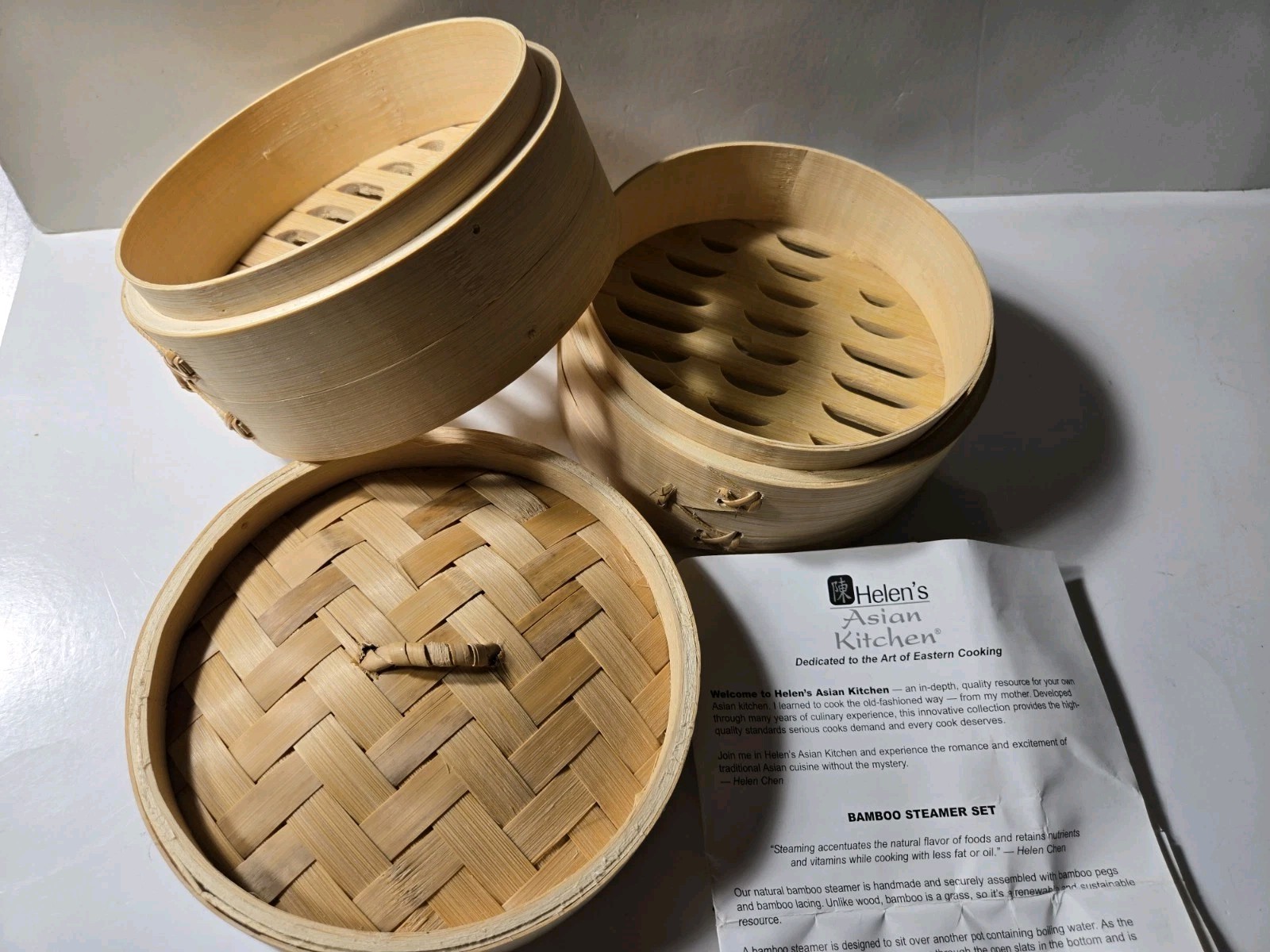 Bamboo Steamer 3 Piece Helen’s Asian Kitchen With Directions & Recipes NEW