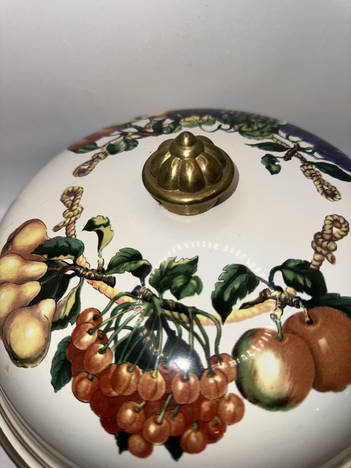 Vintage Fruit Motif Ceramic Casserole Dish Lid Brass Handles Oven Safe