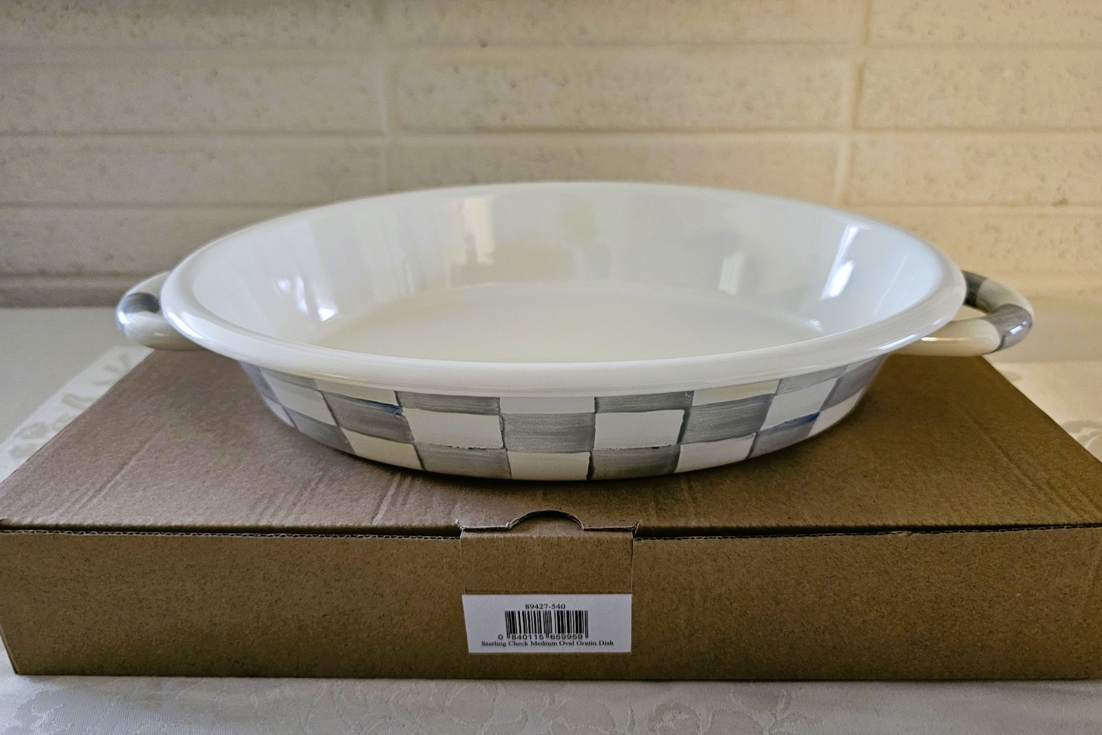 Mackenzie Childs STERLING CHECK ENAMEL MEDIUM OVAL GRATIN DISH Hand-Painted