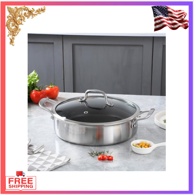 12″ Tri-Ply Stainless Steel Saute Pan, 7QT Nonstick Skillet with Lid, Oven Safe