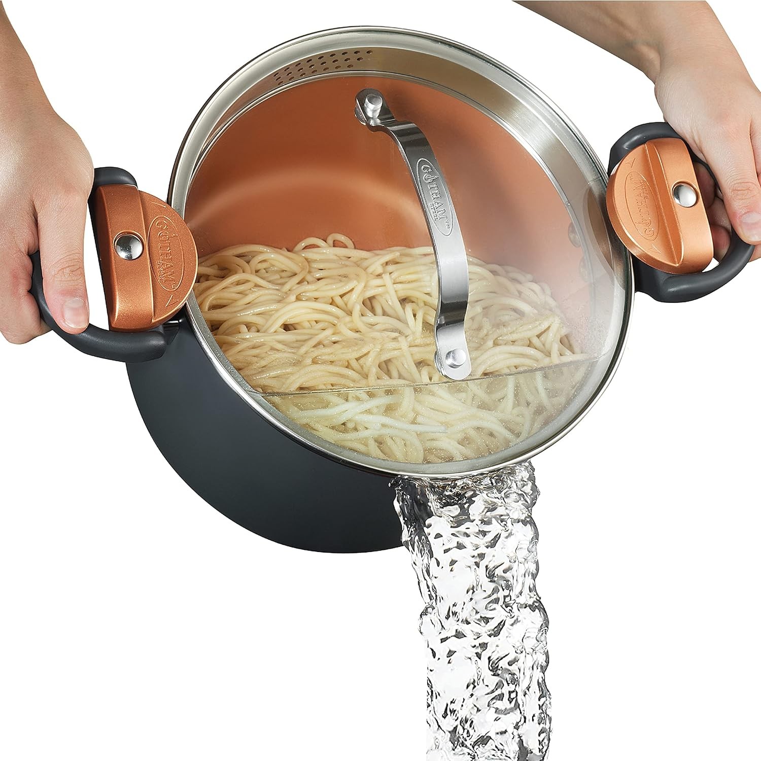 Gotham Steel 5 Quart Stock Pot Multipurpose Pasta Pot with Strainer Lid & Twist