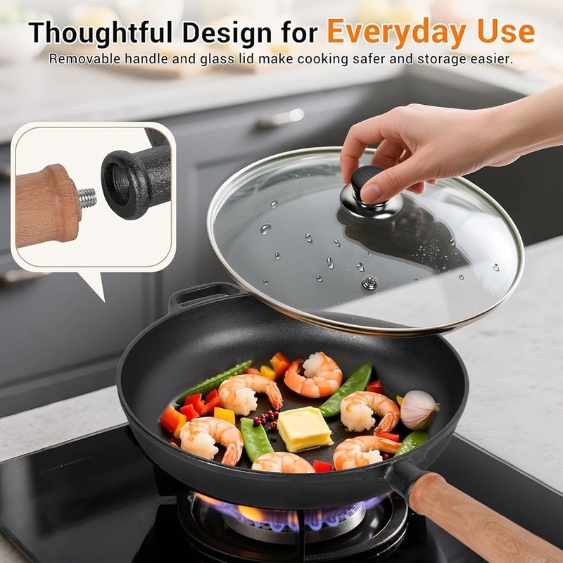 Cast Iron Skillet Nonstick W/ Glass Lid Detachable Handle Oven Safe Cooking Pan