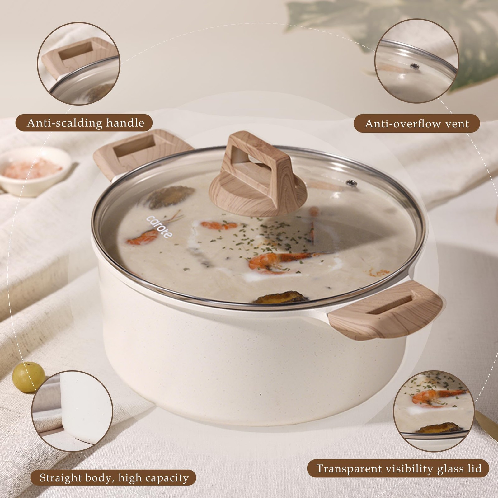 CAROTE Nonstick Stock Pot with Lid, 6 Quart White Granite