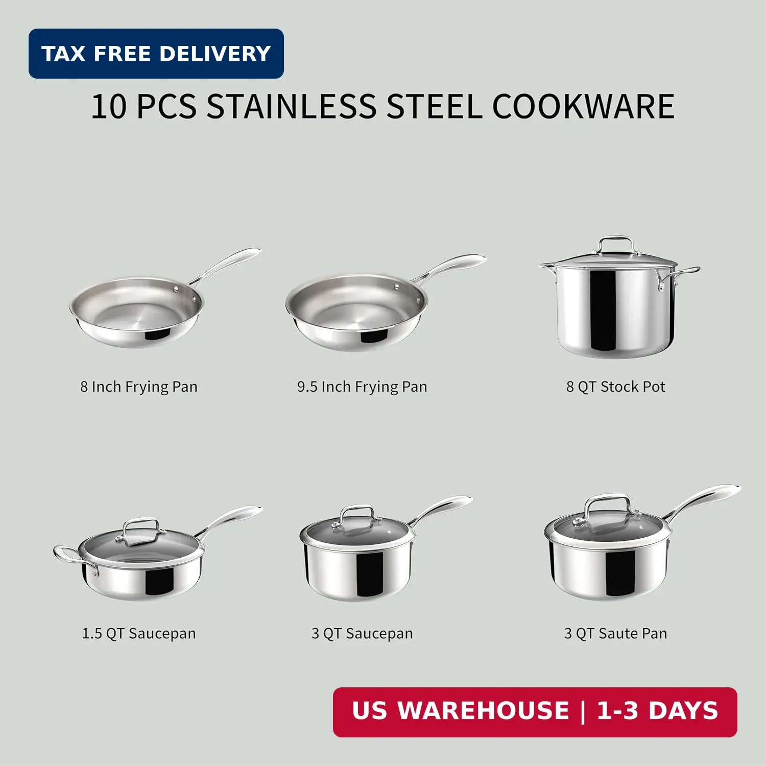 Cookware, 10 Piece Stainless Steel Pot and Pan Set, 5 Ply Clad, Includes Frying