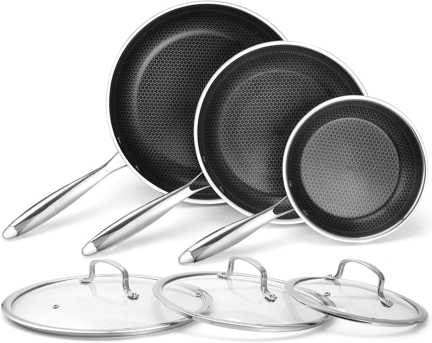 Non Stick Frying Pans Set 8, 10, and 12 Inch 6 Pcs Skillet with Tempered Glass L
