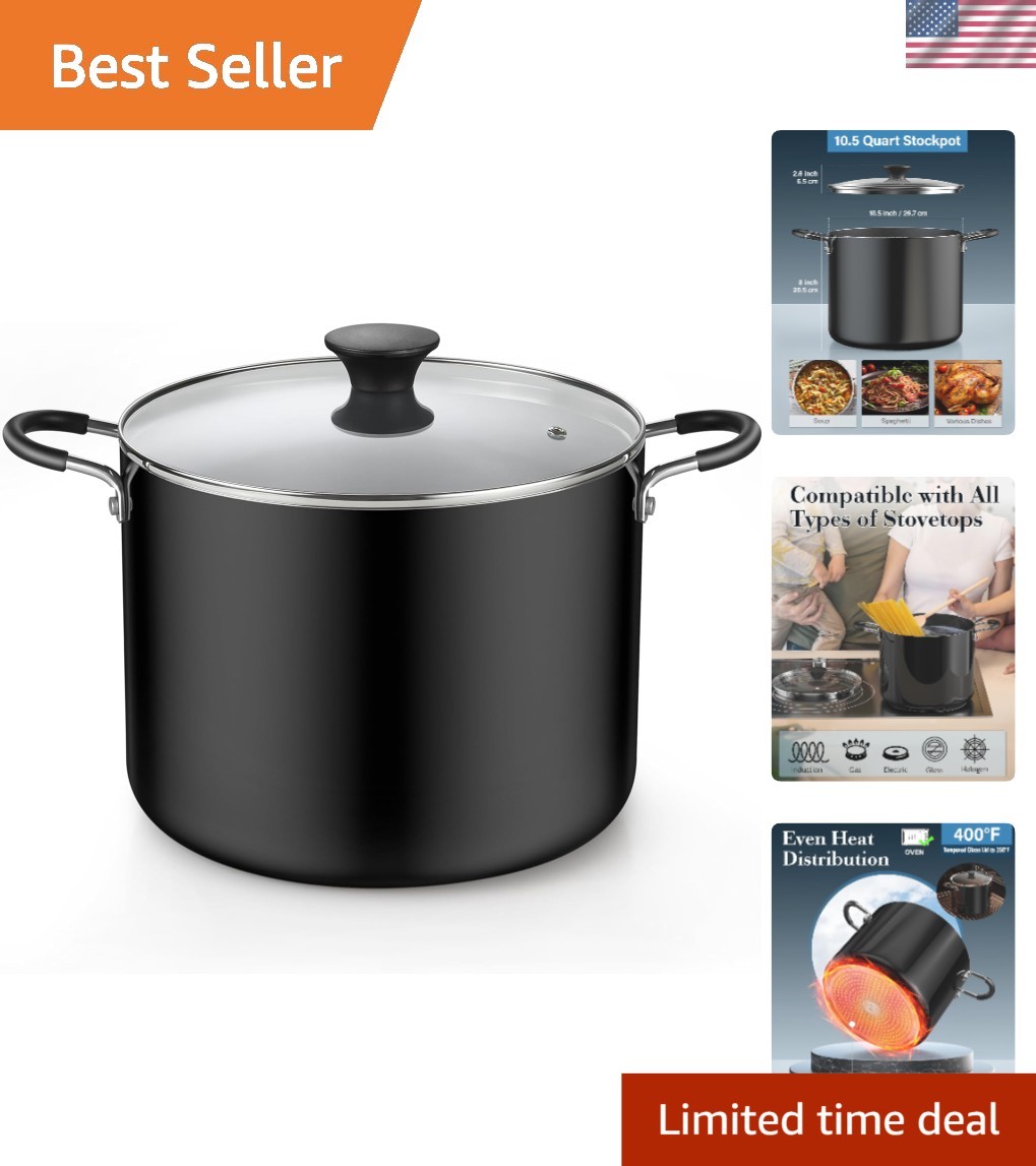 Versatile 10.5-Quart Nonstick Stockpot with Tempered Glass Lid & Cool Handles