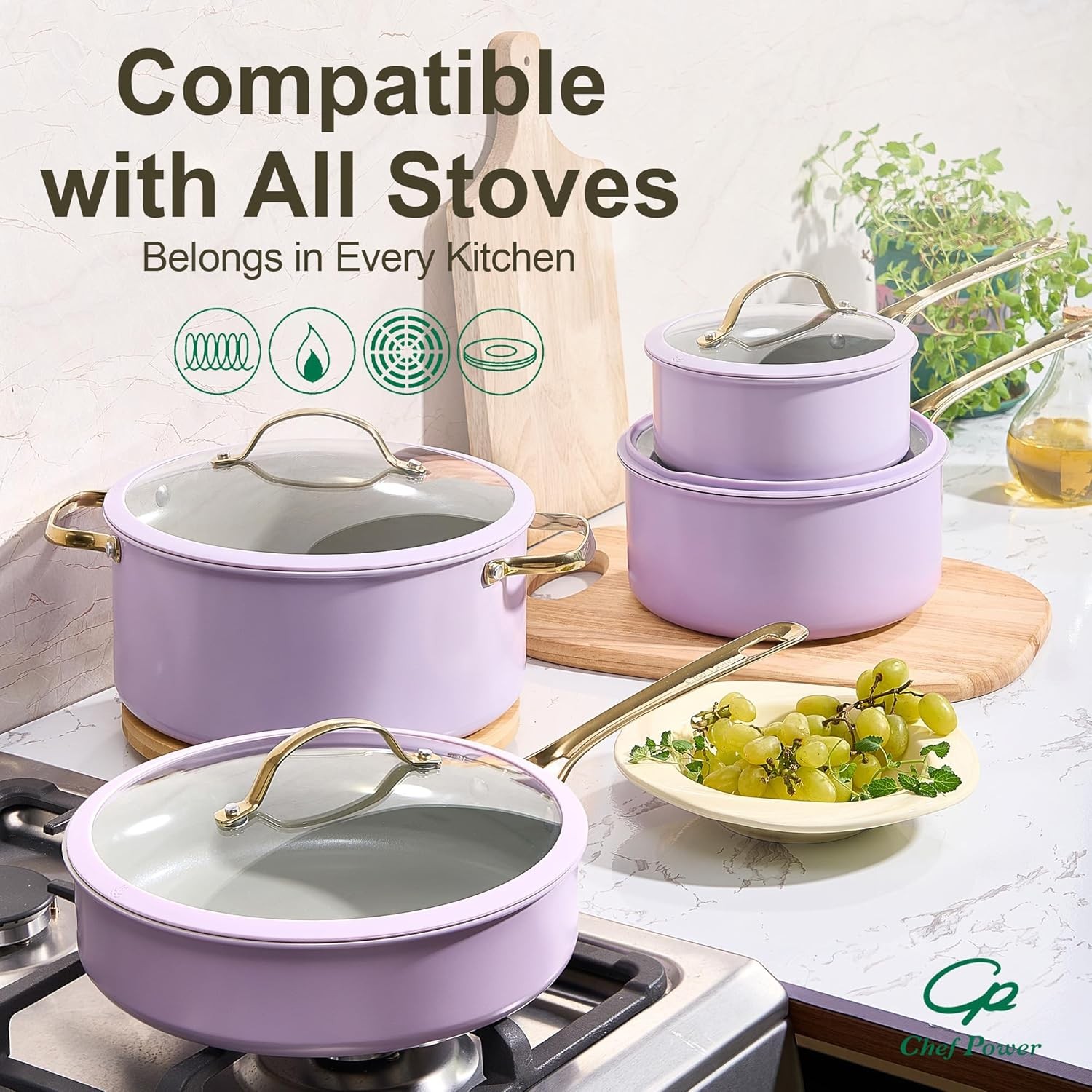 Chef Power Ceramic Cookware Sets, 15Pcs Pots and Pans Set Non Stick, Cookware Se