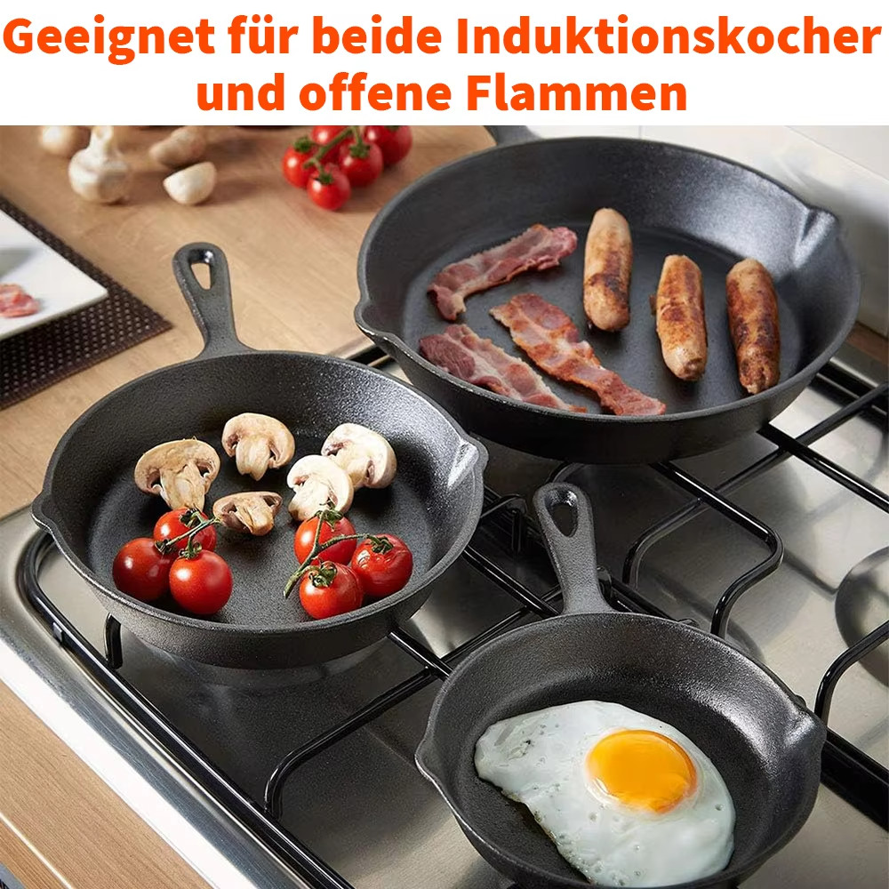 Frying Pan Set Uncoated Non Stick Omelette Cooking Pans 3pc Cast Iron Butter Egg