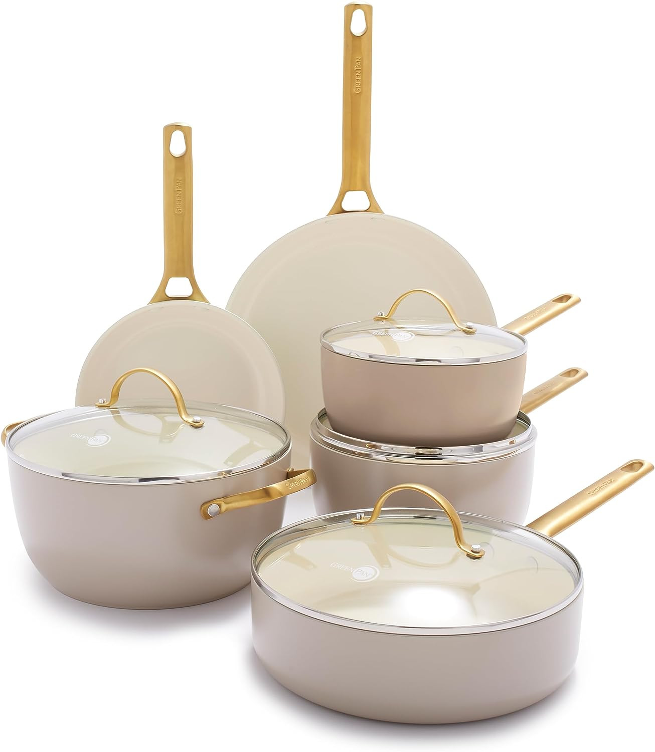 10-Piece Non-Toxic Cookware Set with Gold Handles & Glass Lids – Taupe Brown