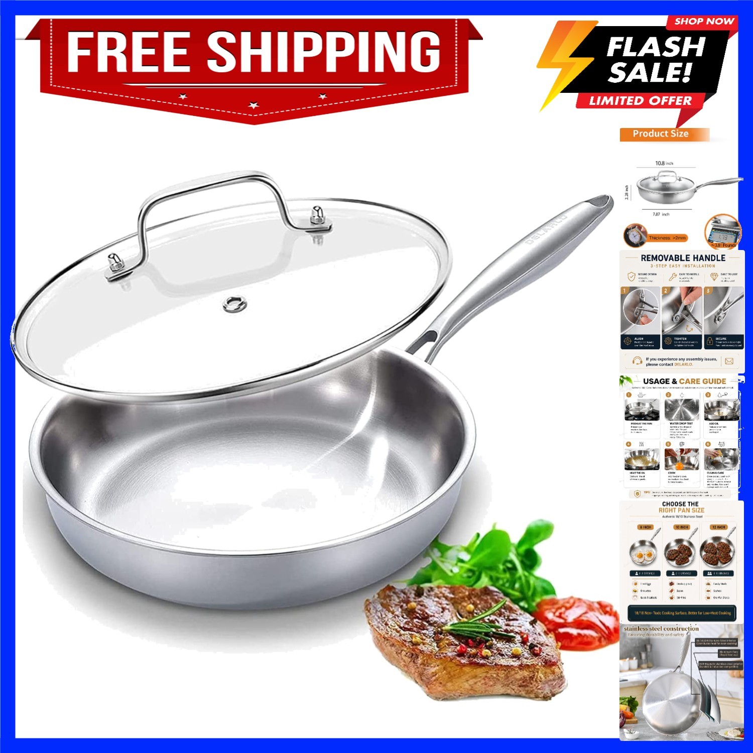 Tri-Ply Stainless Steel Pan, 18/10 Frying Pan, Oven Safe Up to 600°F, Nontoxi…