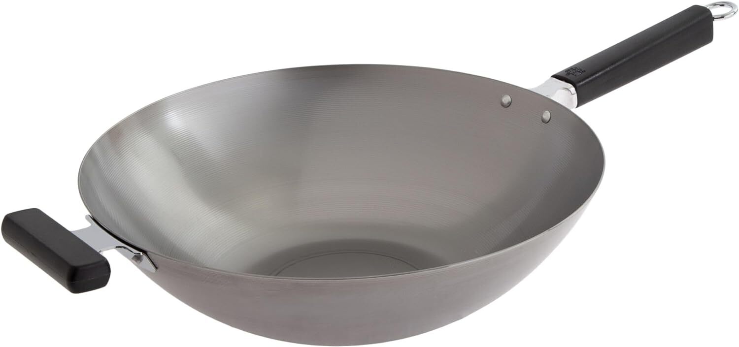 Large 14 Inch Carbon Steel Wok With Helper Handle For Perfect Stir Frying