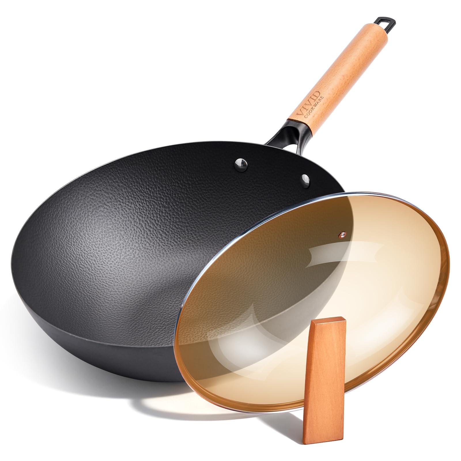 12.6 Inch Carbon Steel Wok Pan with Standable Tempered Glass Lid, Flat Bottom…