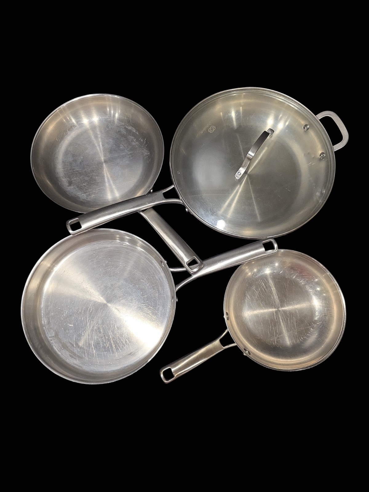 Calphalon Stainless Cookware Lot 12″ w Lid, 10″, 8″ Skillets, 3 Qt Saucepan