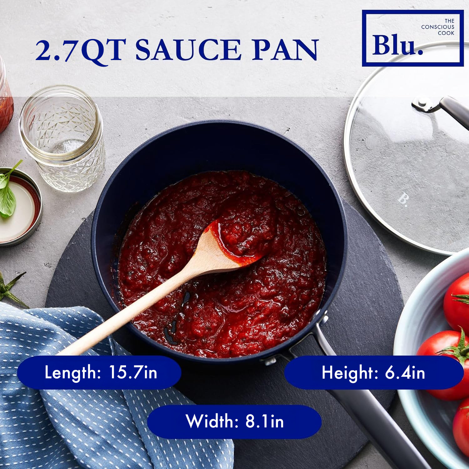 Blu. Cookware 2.7QT Nonstick Sauce Pan with Lid, Non-Toxic, Non-Stick Ceramic