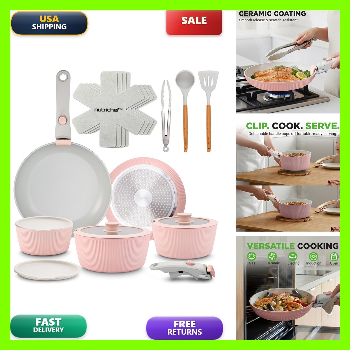 NutriChef 18-Piece Ceramic Cookware Set Detachable Handles Pink