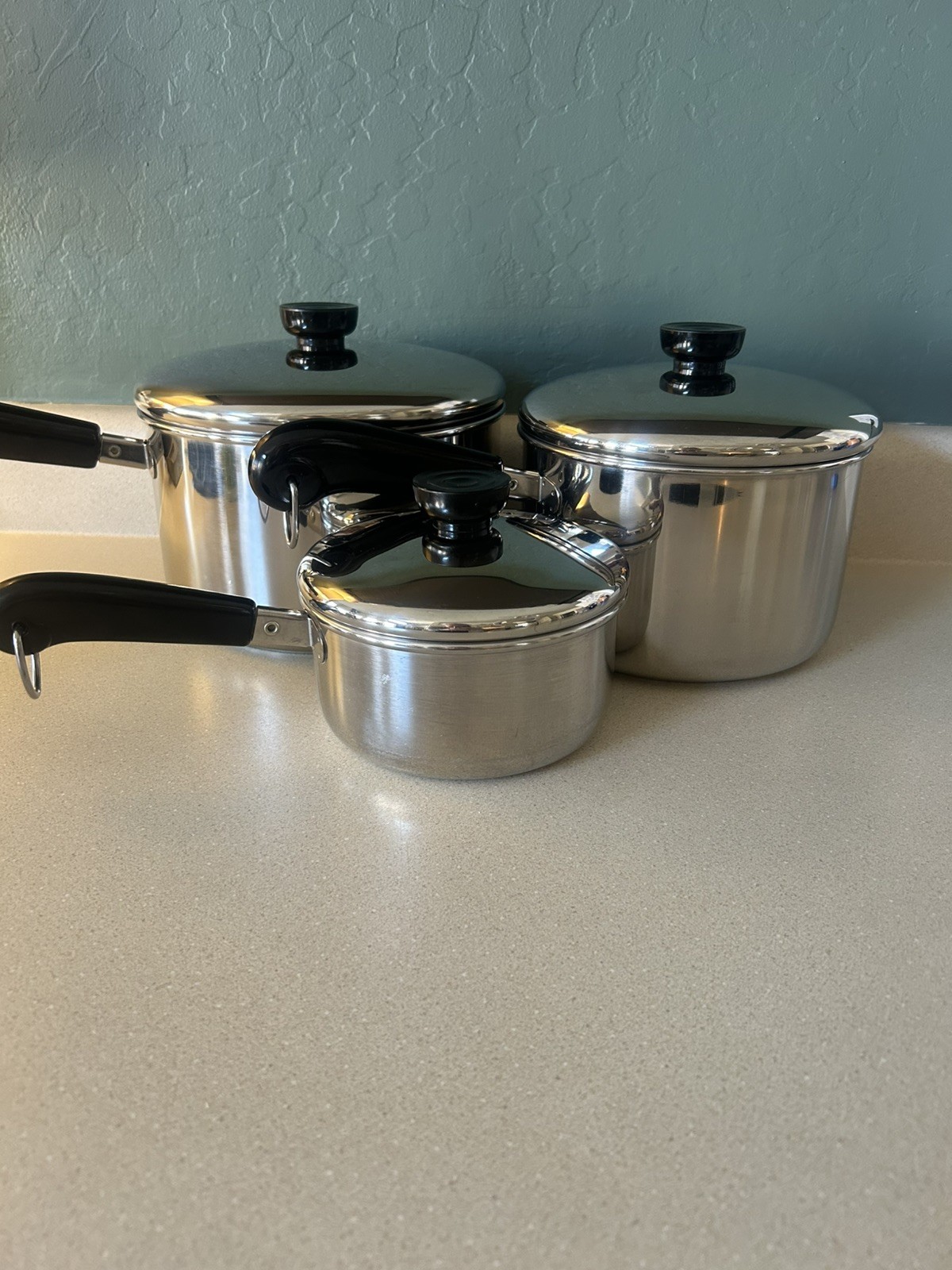 VTG Revere Ware Stainless Steel Saucepan Set of 3 w/Lids 1, 3 & 4 Qt EUC