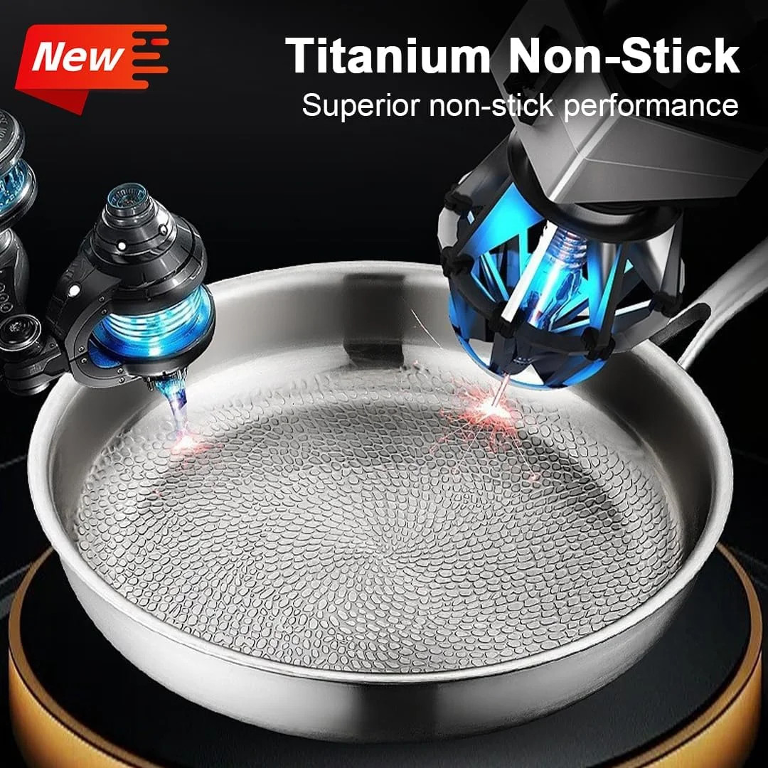 Titanium Frying Pan with Lid, 26cm Professional Stainless Steel Skillet, Nonstic
