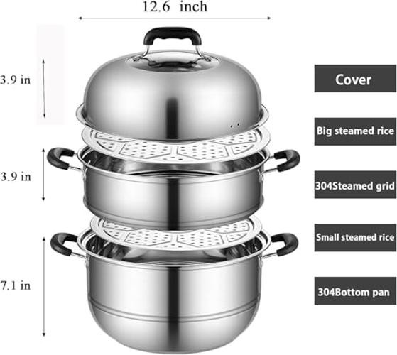 3-Tier Steamer Pot for Cooking Stainless Steel Steam Pot with Lid 12.6Inch