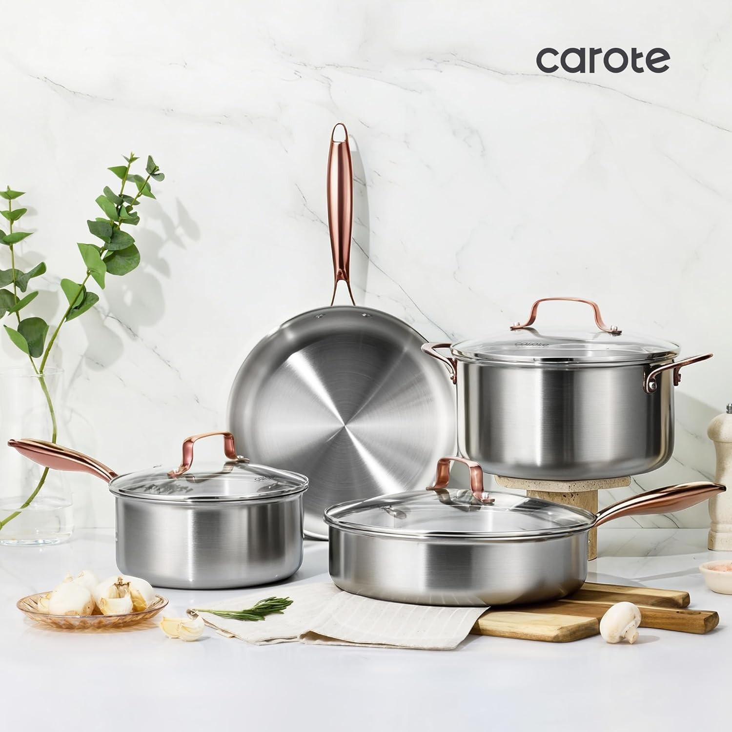 Complete 7-Piece Induction-Compatible Frying Pan Set with Elegant Gold Handles
