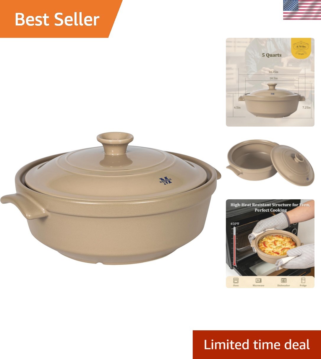 Magnifique 5 Quart Flami Pot with Lid, Natural Clay Pot for Cooking, Non-Toxi…