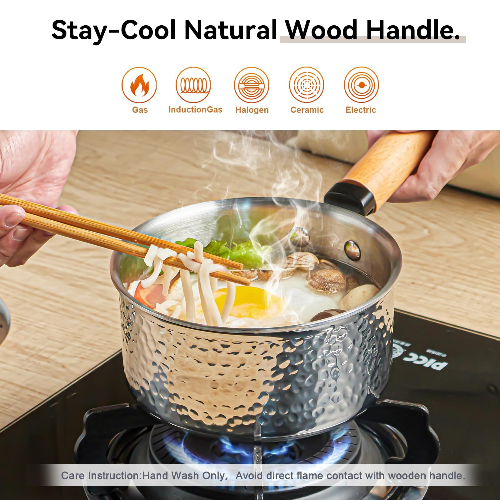 1.8 Quart TriPly Stainless Steel Saucepan With Lid Hammered Wood Handle Milk