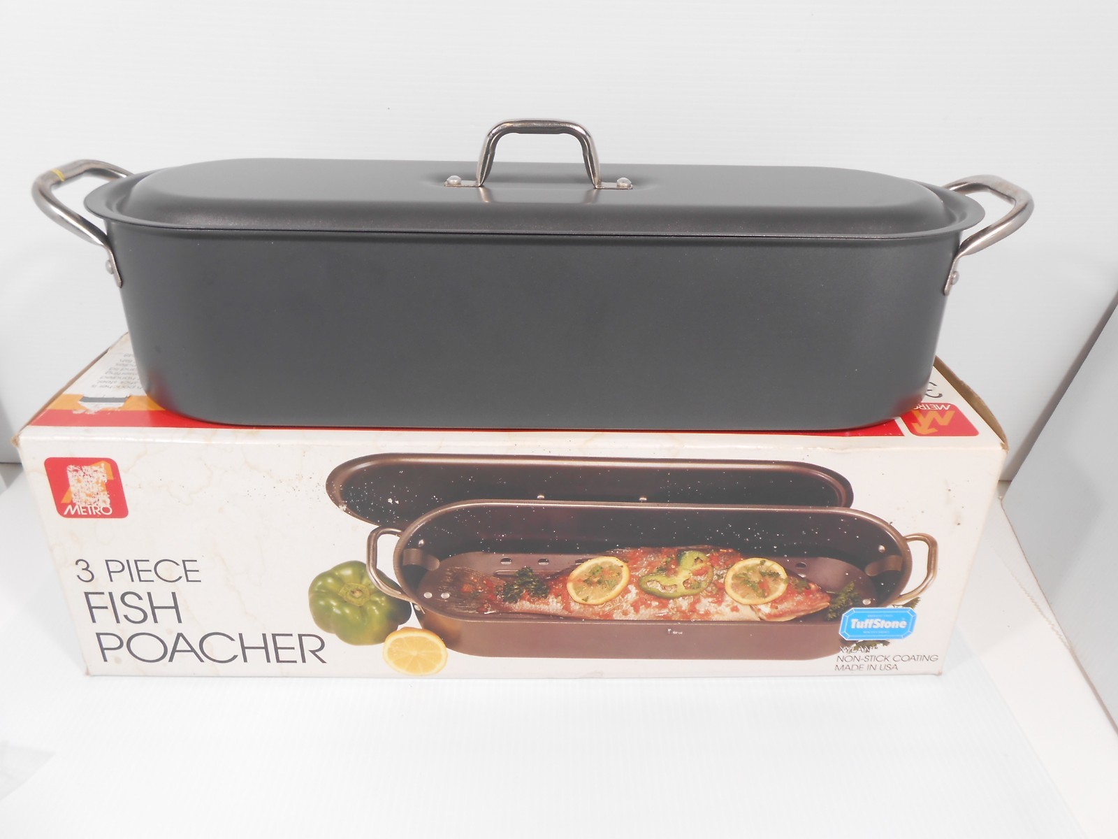 Vtg 1988 NEW METRO Non-Stick Steel 3 Piece Fish Poacher w/ Lid & Rack #711348