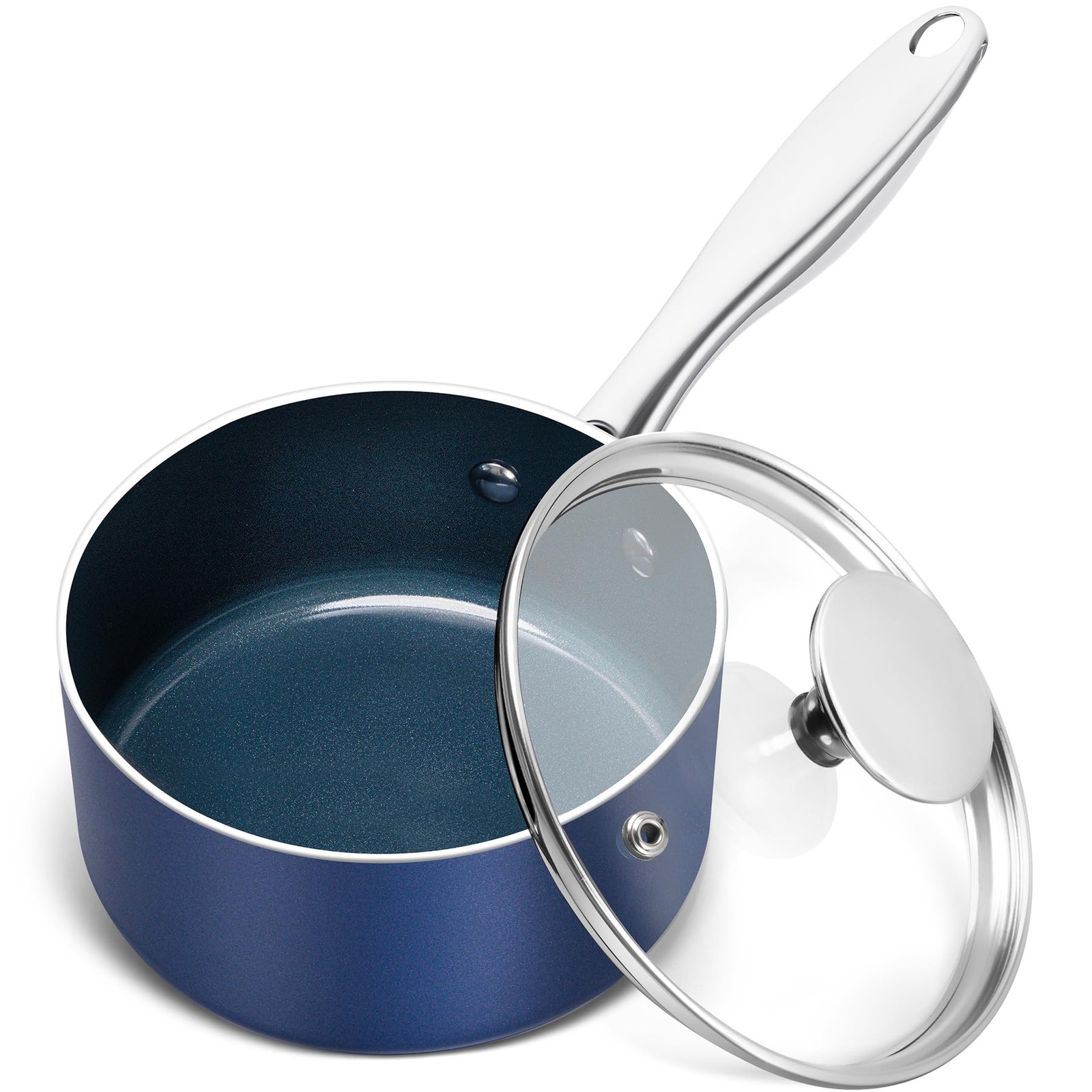 1 Quart Nonstick Ceramic Saucepan with Lid Stainless Steel Handle Oven Safe Blue