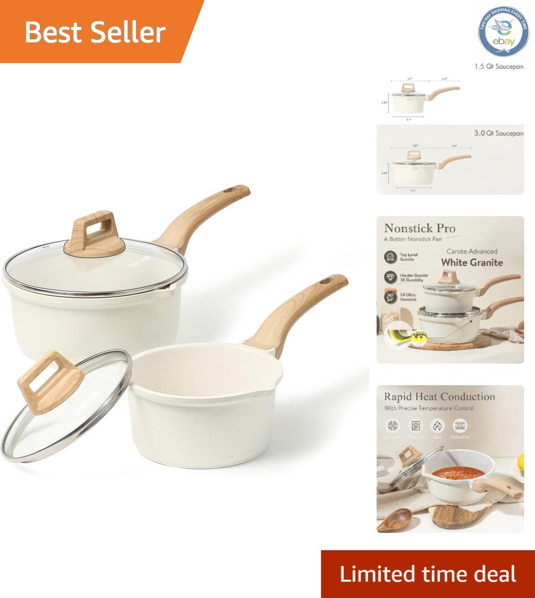 Effortless Cleaning 1.5Qt & 3.0Qt White Granite Saucepan Set – PFOA Free