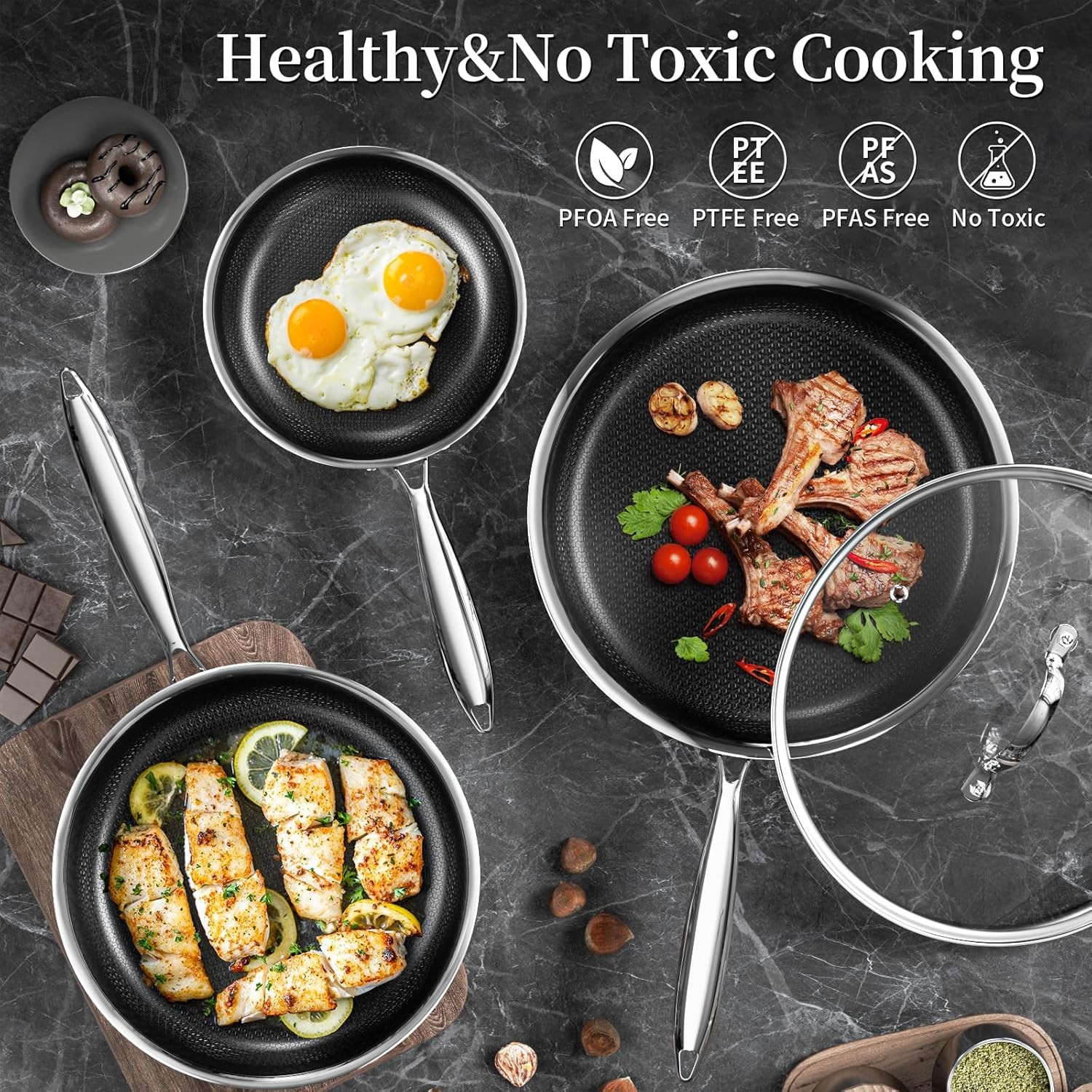 8 Inch Nonstick Frying Pan with Lid, Titanium Ceramic Tri-Ply Stainless Steel No