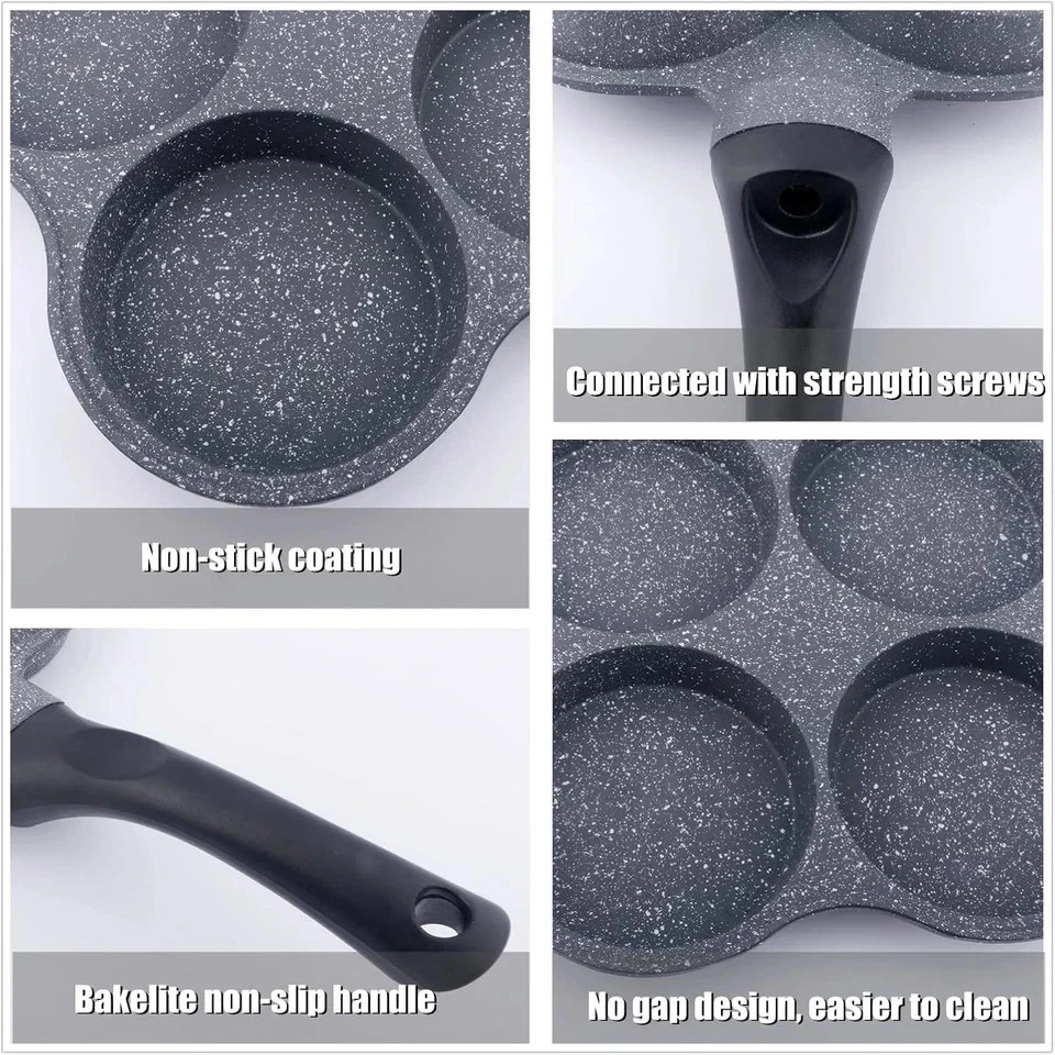 4 Hole Cup Egg Hamburger Pancake Maker Non-Stick Frying Pan with Wooden Handle