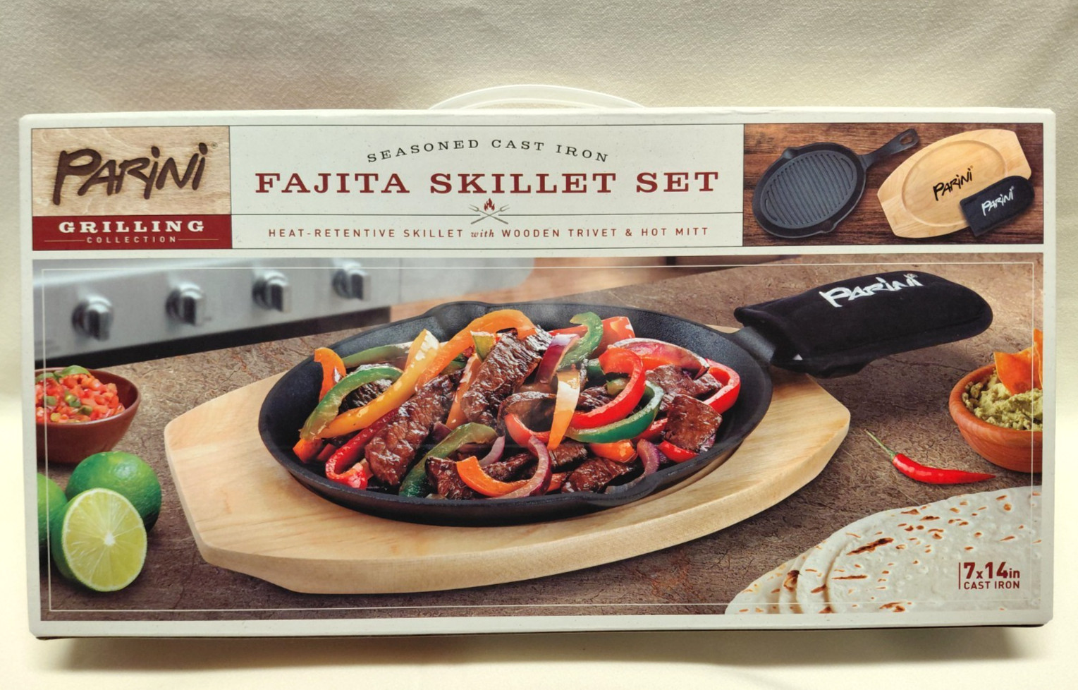 PARINI 3 Piece Grilling Cast Iron Fajita Skillet Set Wooden Trivet Mitt 14″ X 7″