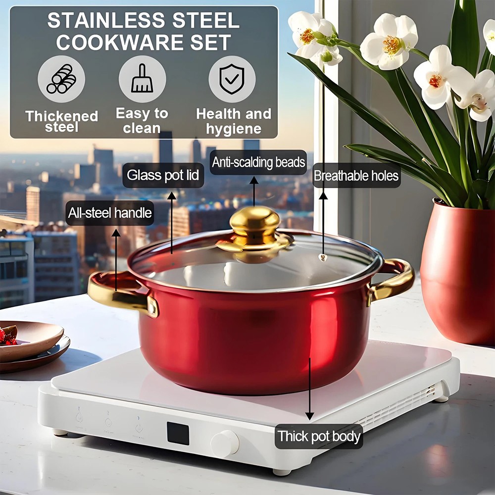 12 Piece Cookware Set Nonstick Pots and Pans Home Kitchen Cooking Non Stick, Red