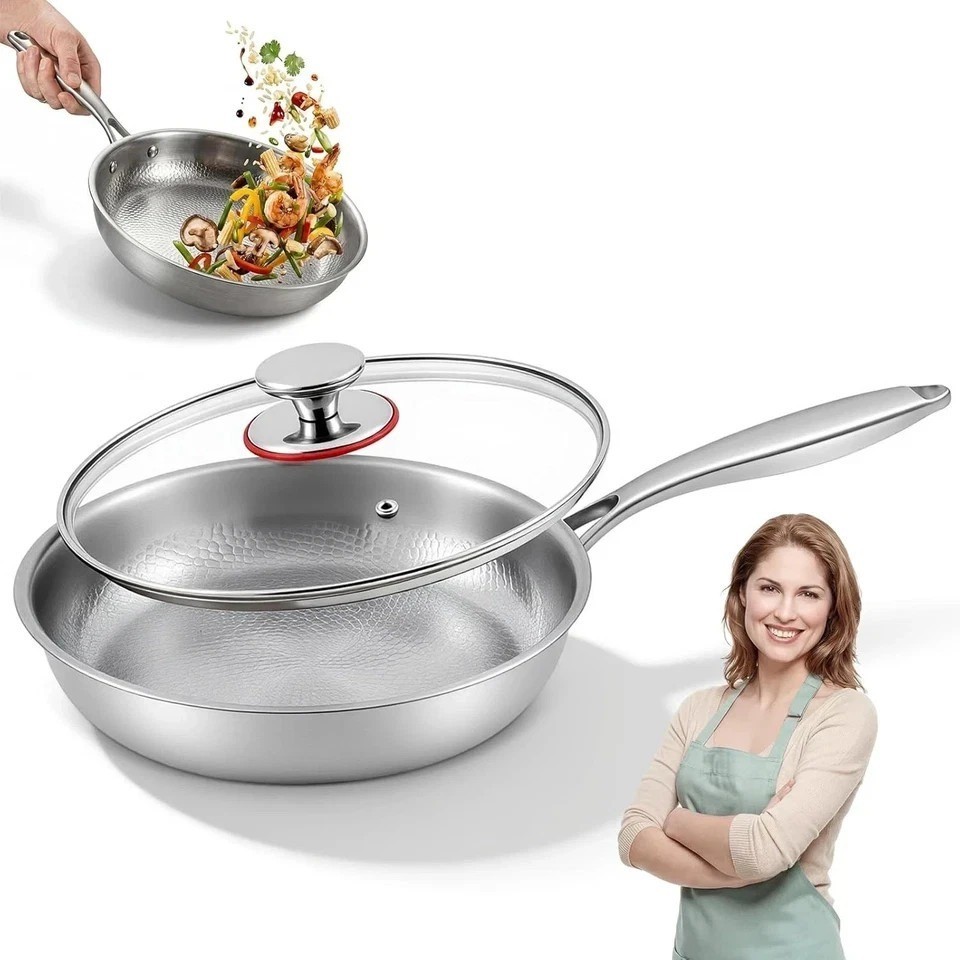 Pure Titanium Hammered Frying Pan with Lid, 12 Inch Skillet, No Coating Cookw…