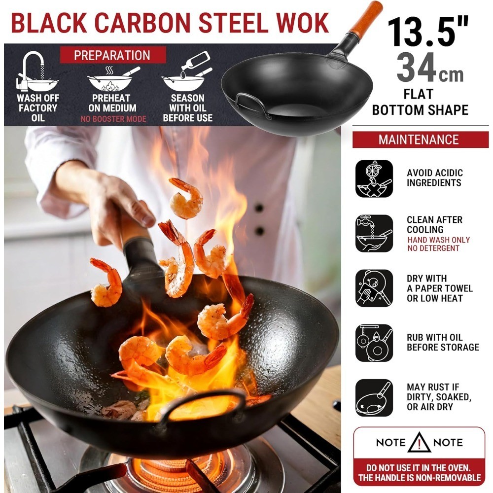 Pre-Seasoned Carbon Steel Wok Pan Flat Bottom Japanese Chinese Cookware for Stir