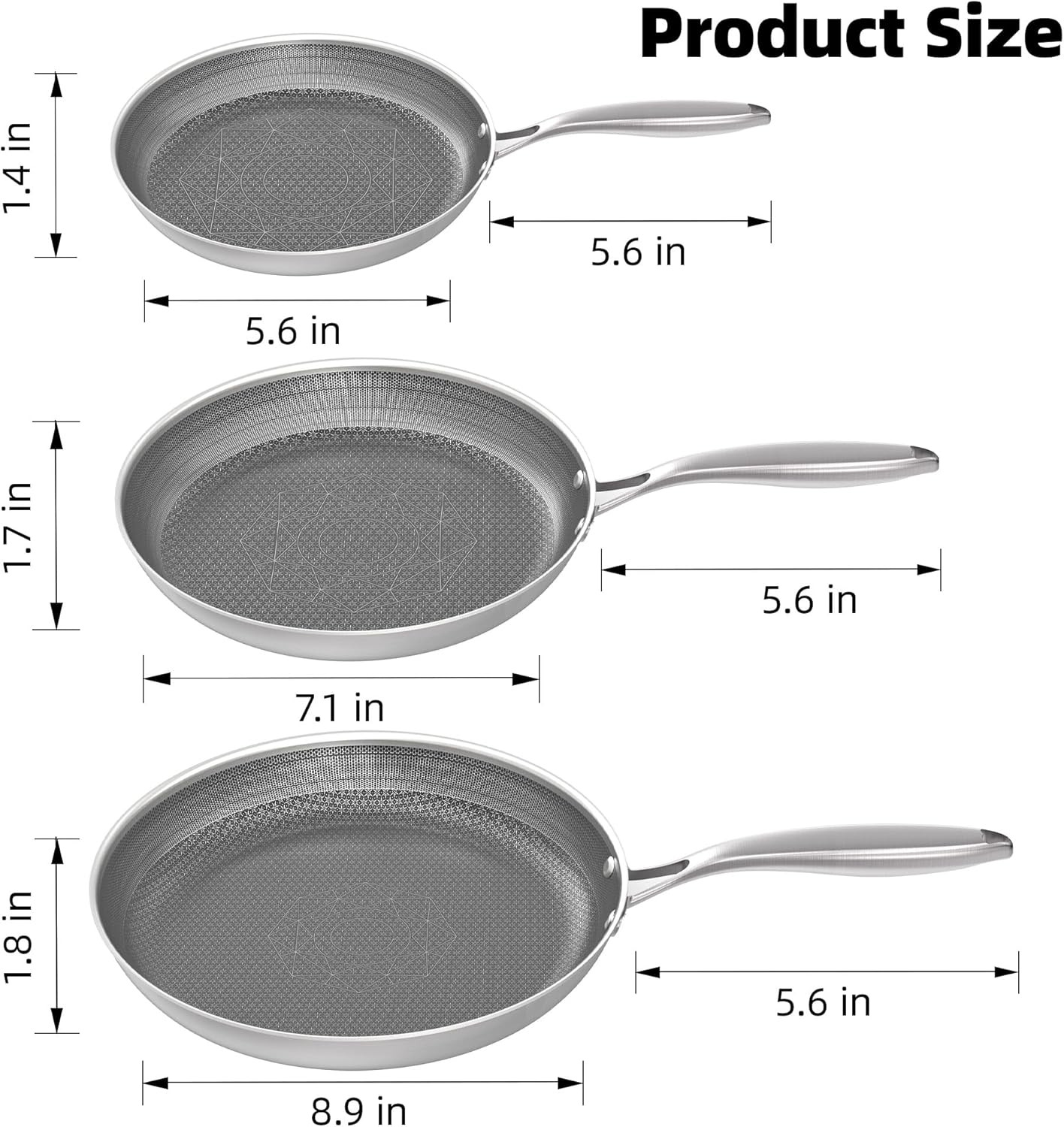Non-Toxic Frying Pans Set of 3 (8+10+12 Inch), Tri Ply Stainless Steel Pans, Ind