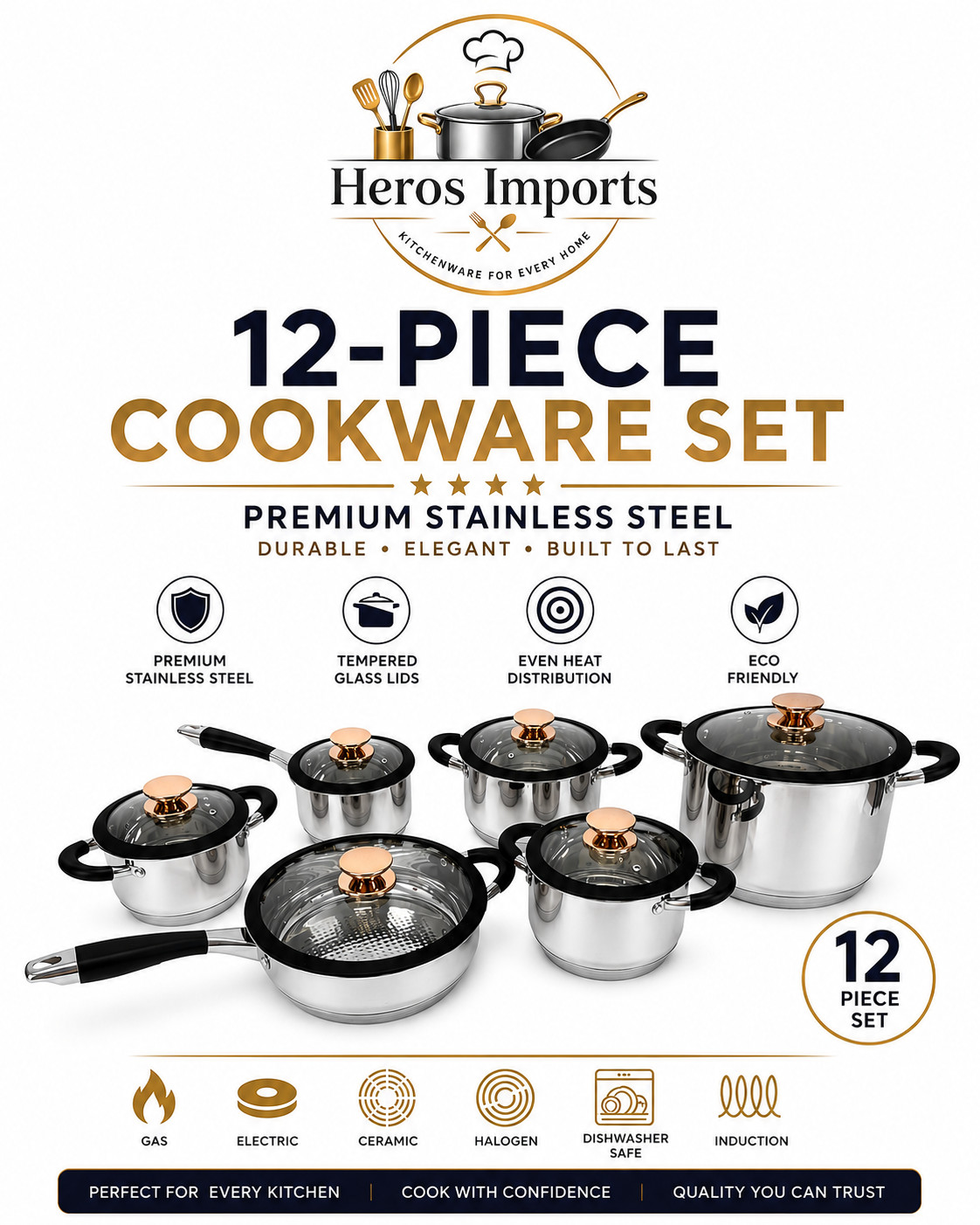 12-Piece Stainless Steel Cookware Set Induction Ready GALES PREMIUM-BLACK