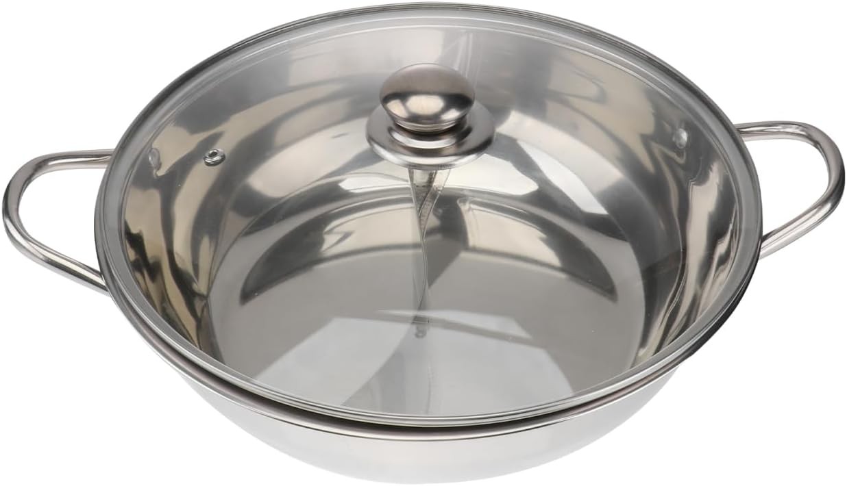 Stainless Steel Split Hot Pot with Lid 12.6 Inch Dual Section Induction Cooker