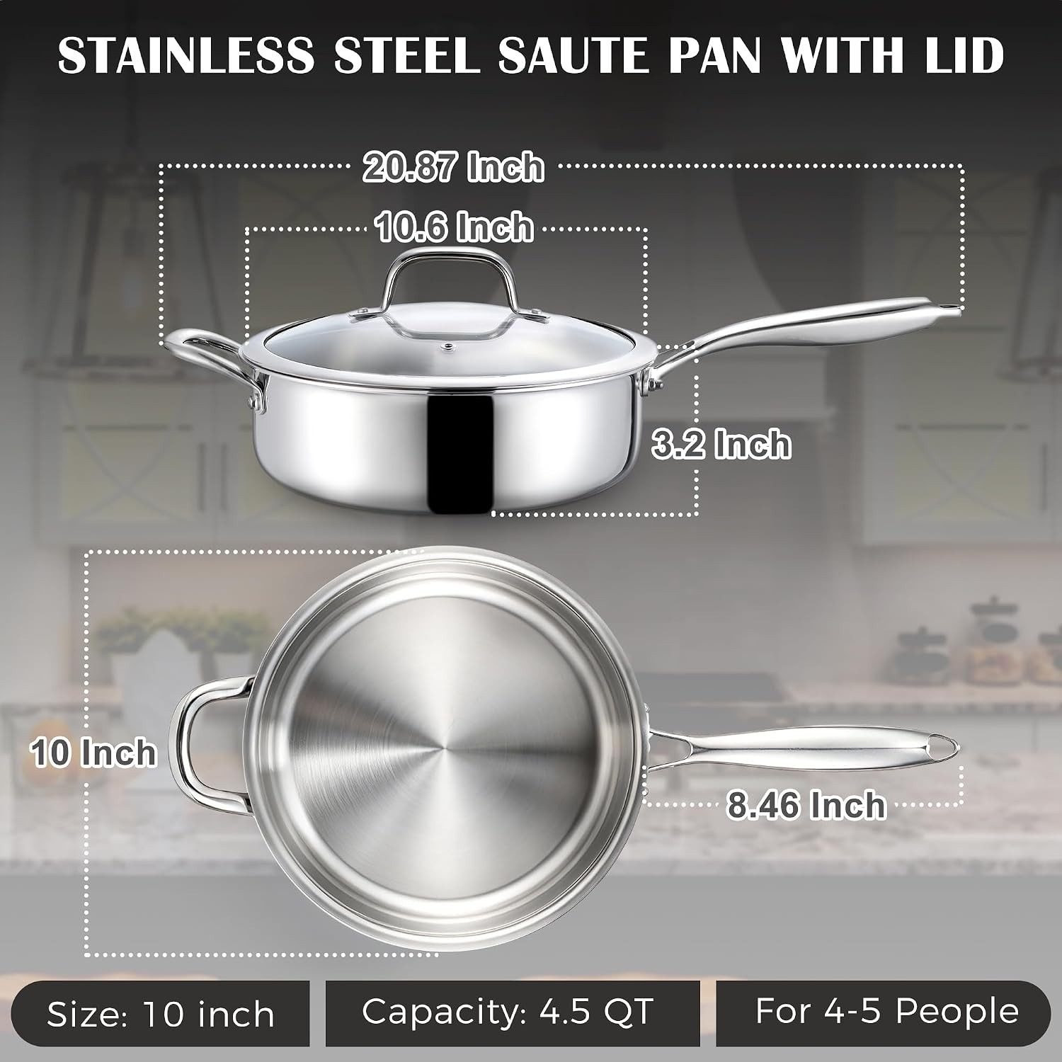 10 Inch Deep Frying Pan with Lid, 4.5QT Tri-Ply Stainless Steel Saute Pan, Br…