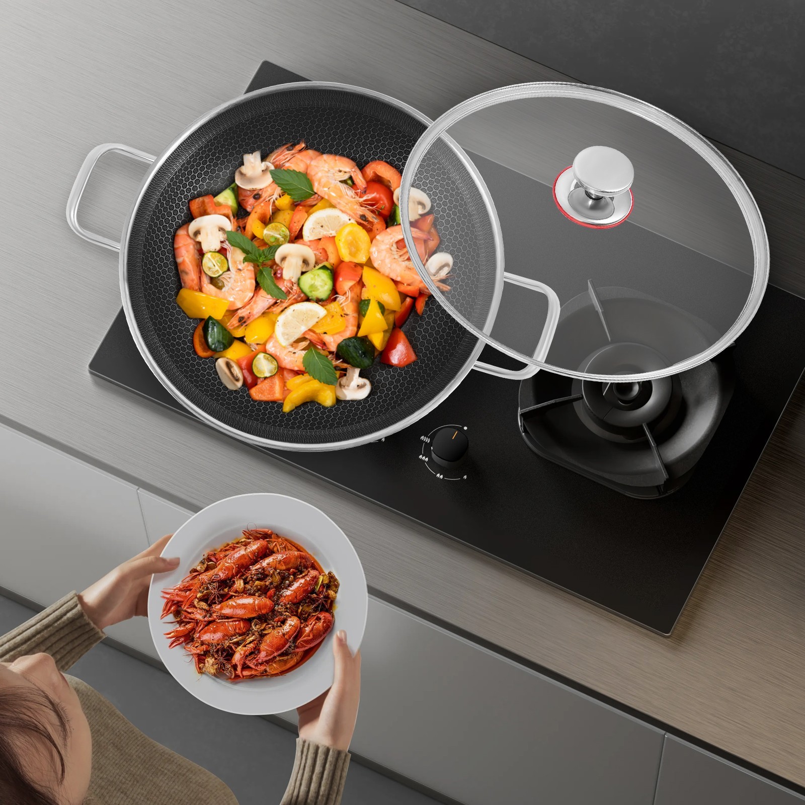 13.19in Non Stick Paella Pan Stainless Steel Frying/Cooking Pan Skillet With Lid