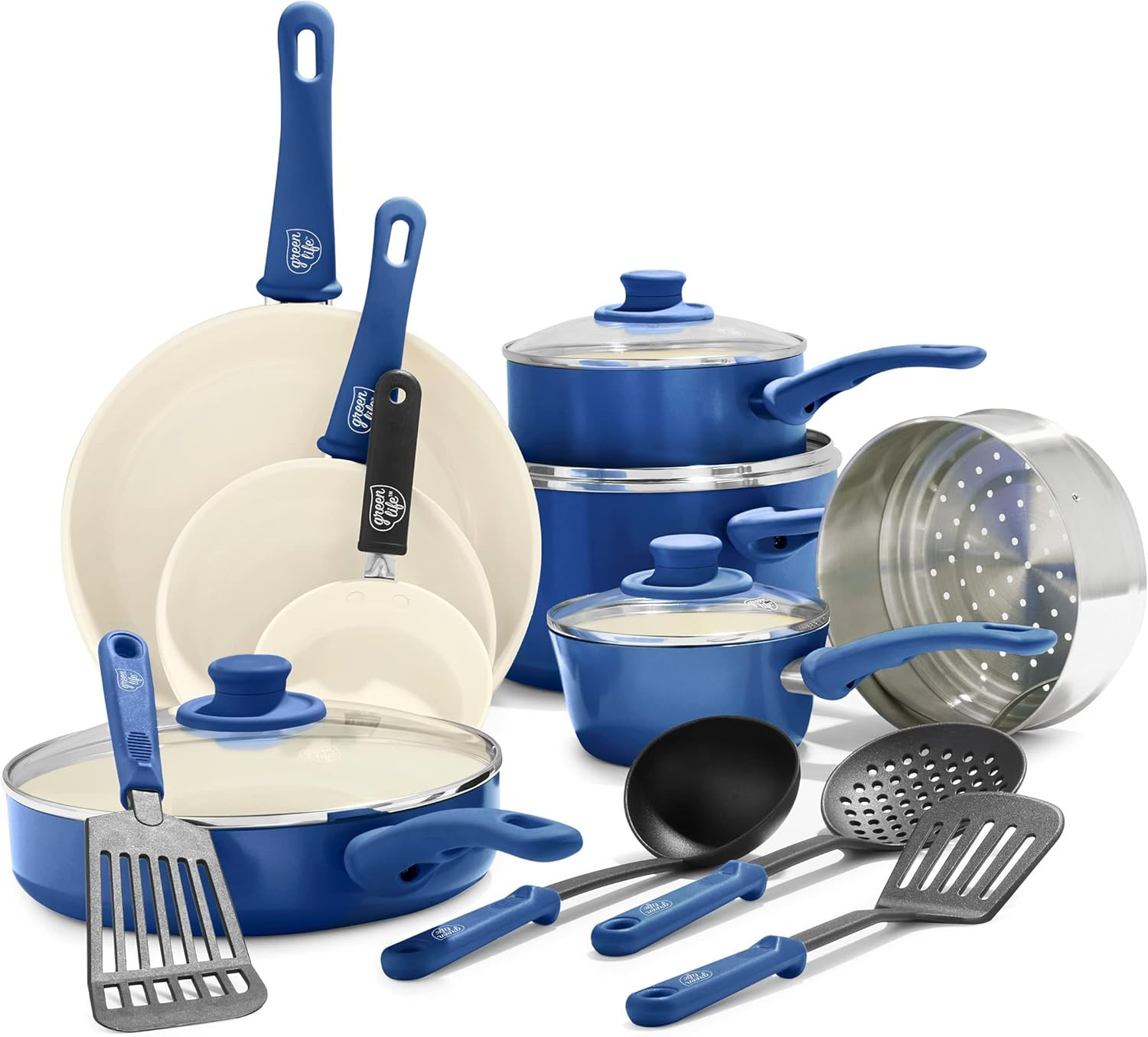 16-Piece Ceramic Nonstick Cookware Set & Frying Pan Set, Blue