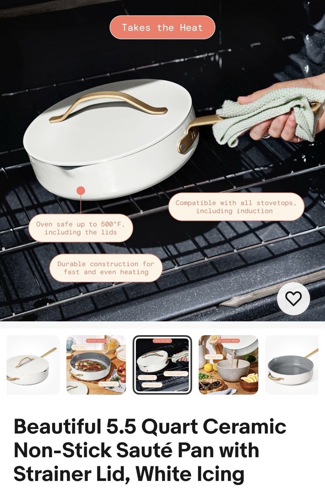 Beautiful 5.5 Quart Ceramic Non-Stick Sauté Pan with Strainer Lid, White Icing