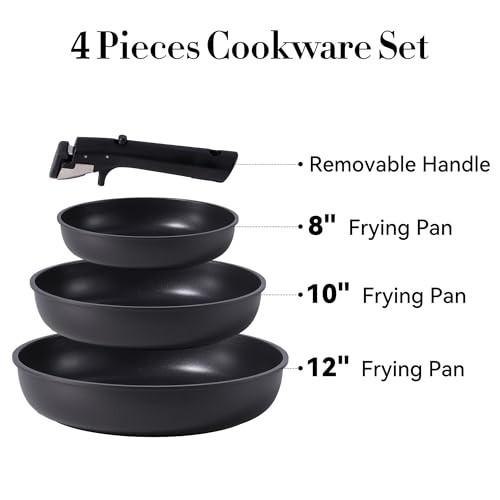 4pcs Non-Stick Frying Pan Set, 8″ 10″ 12″ Omelet Egg Pans, Detachable Handle, PF